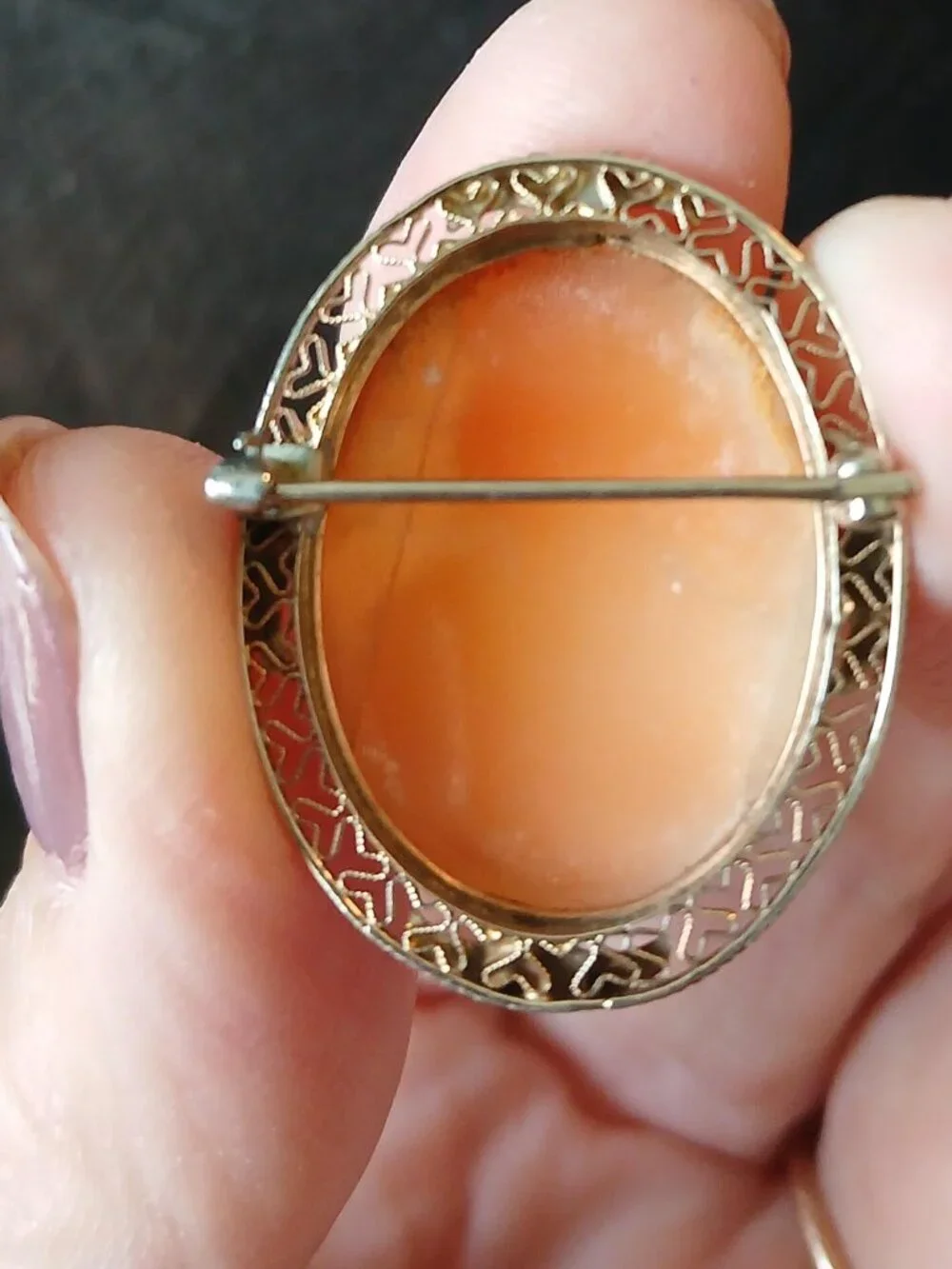 Art Deco 10K White Gold Cameo Brooch: Vintage Conch Shell Filigree Pin